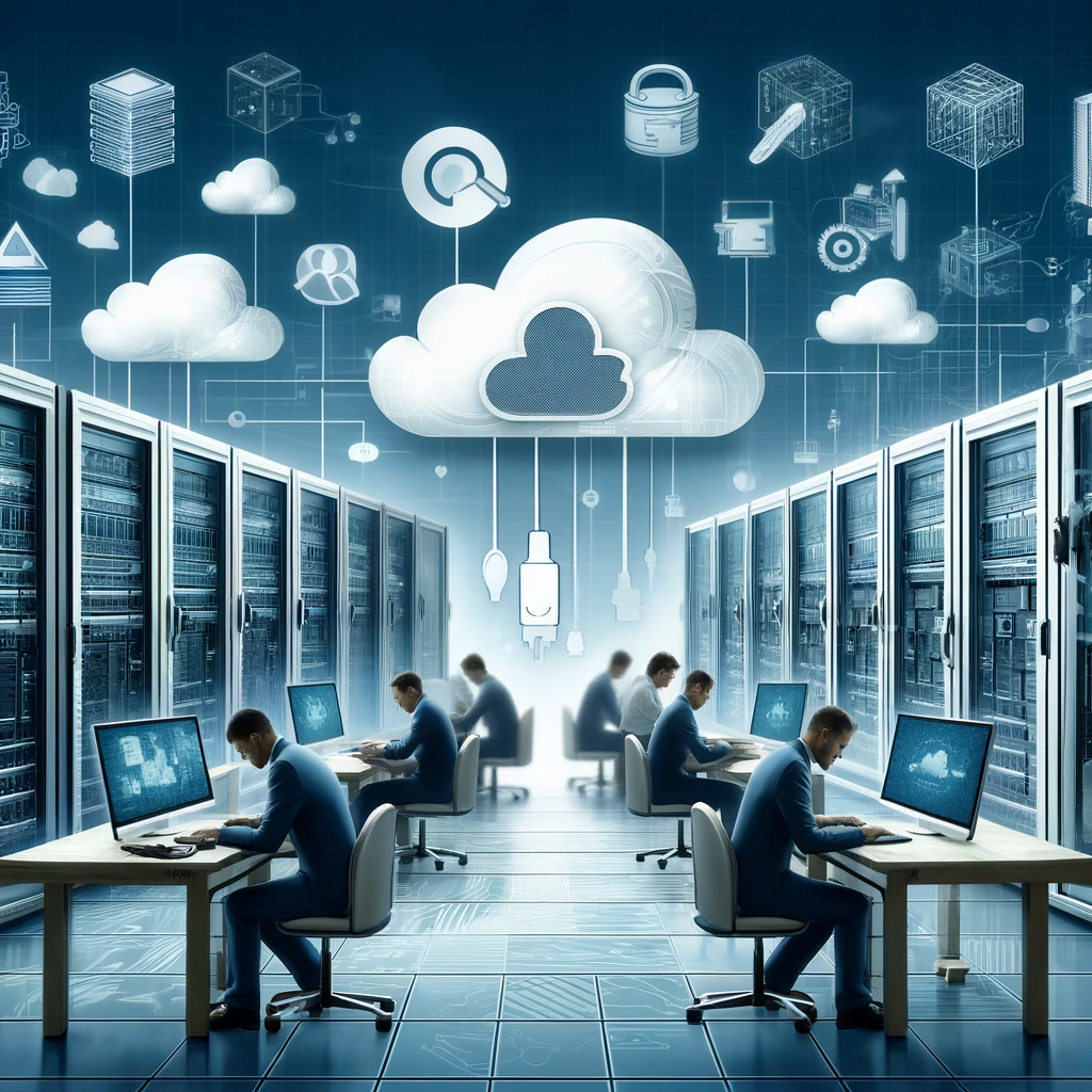 DALL·E 2024-05-23 11.33.49 – A high-tech cloud services environment featuring servers, data storage units, and technicians working on computers. The background includes cloud icon